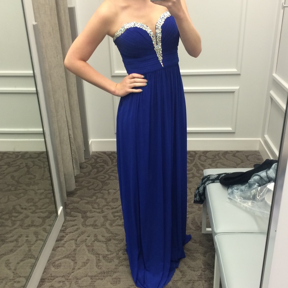 Jovani Chiffon Royal Blue Strapless Formal Dress